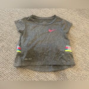 Nike Gray Short Sleeve Tee with Pink Swoosh and Rainbow Sleeve Stripes